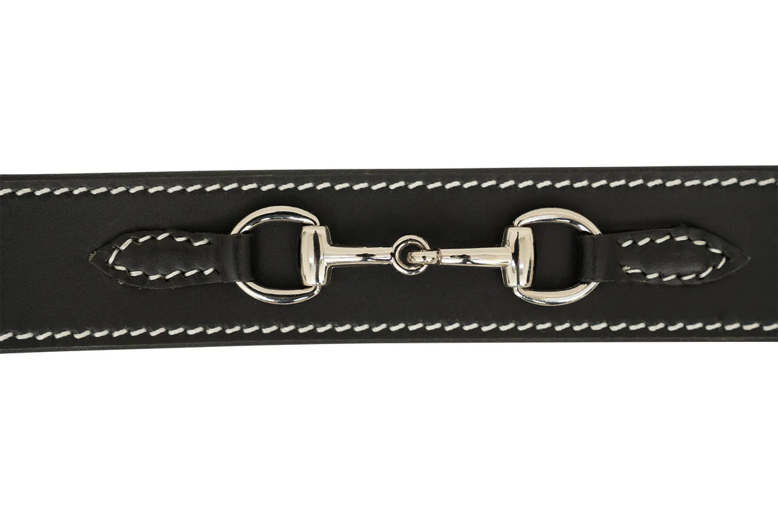 Huntley Equestrian Ladies Stirrup Buckle, Snaffle Bit, 1.5" Inch Width Leather Belt, Black Huntley Equestrian