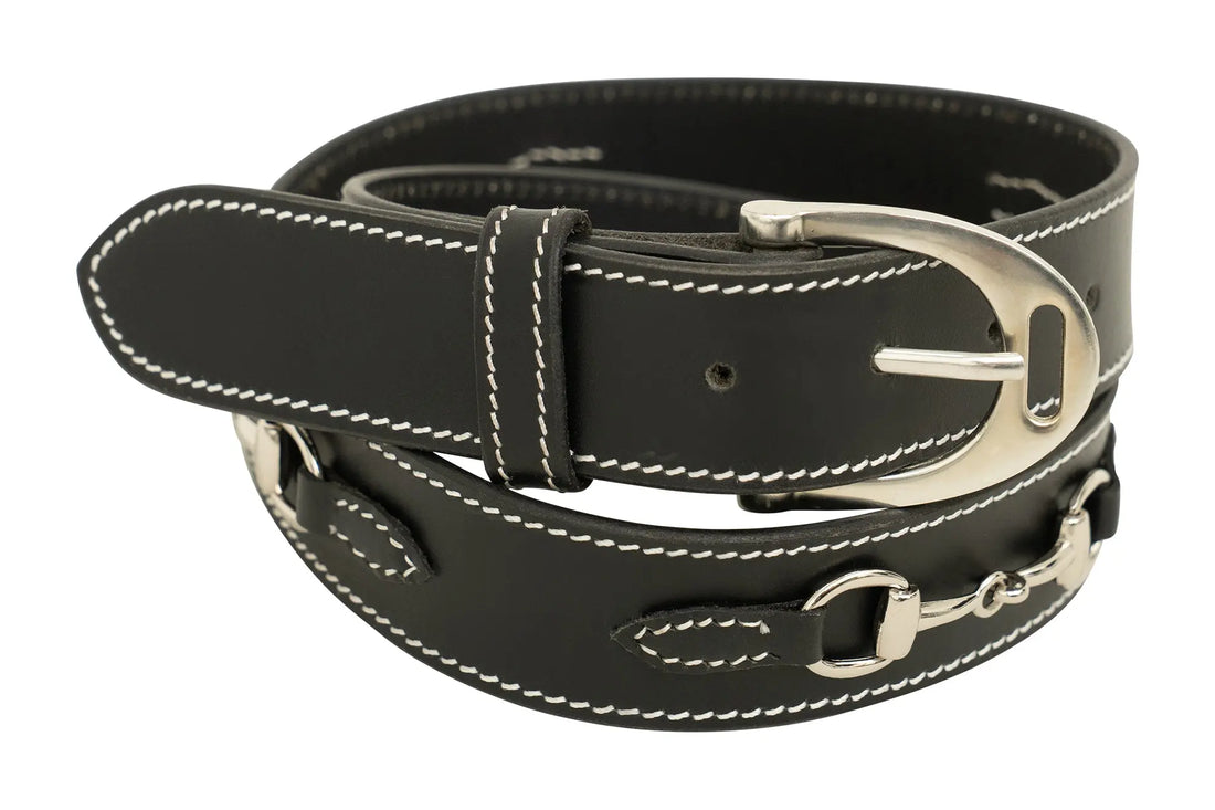 Huntley Equestrian Ladies Stirrup Buckle, Snaffle Bit, 1.5" Inch Width Leather Belt, Black Huntley Equestrian