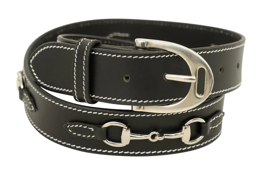 Huntley Equestrian Ladies Stirrup Buckle, Snaffle Bit, 1.5" Inch Width Leather Belt, Black Huntley Equestrian