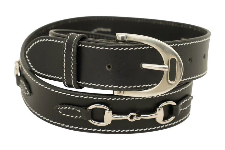 Huntley Equestrian Ladies Stirrup Buckle, Snaffle Bit, 1.5" Inch Width Leather Belt, Black Huntley Equestrian