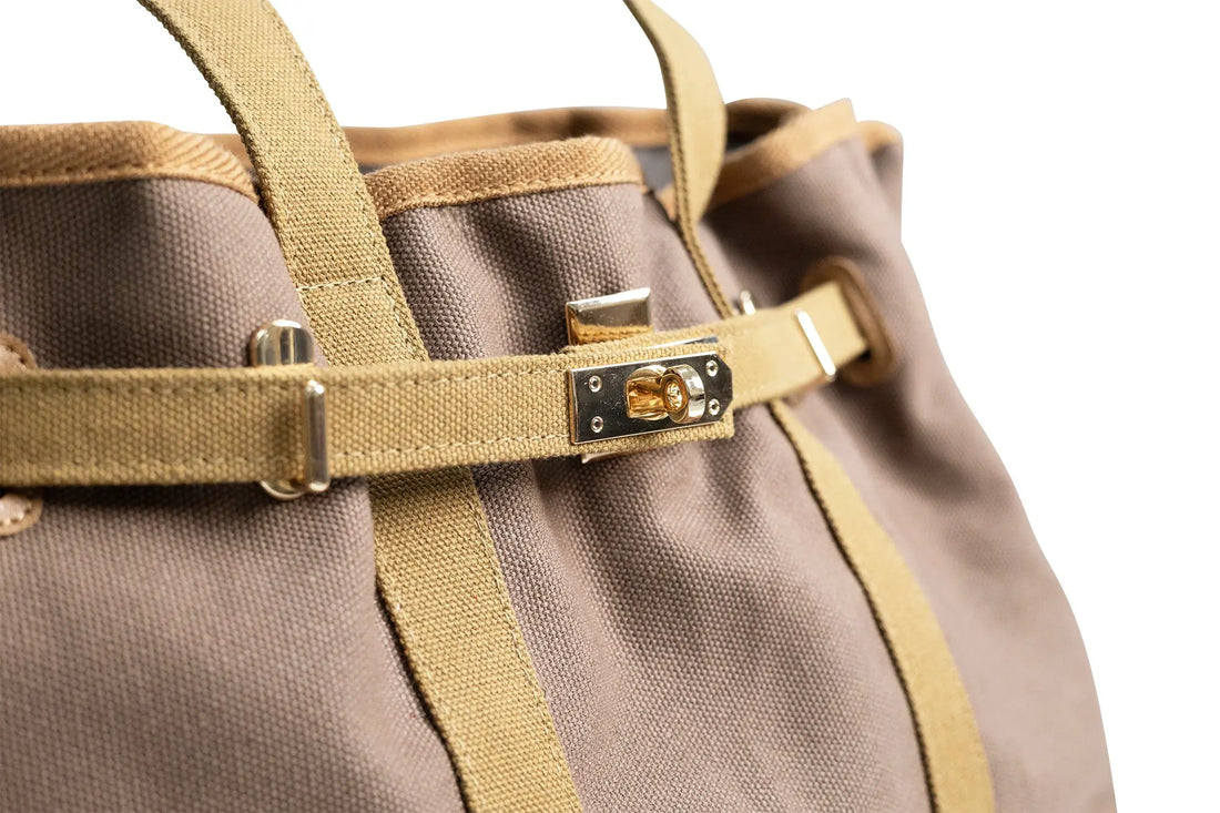 Huntley Equestrian Brankin Brown and Tan Two-Tone Canvas Tote Bag with Gold Hardware