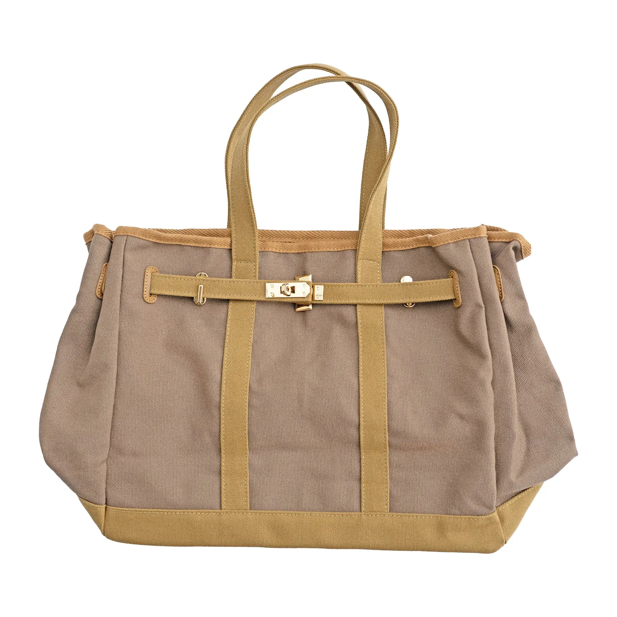 Huntley Equestrian Brankin Brown and Tan Two-Tone Canvas Tote Bag with Gold Hardware