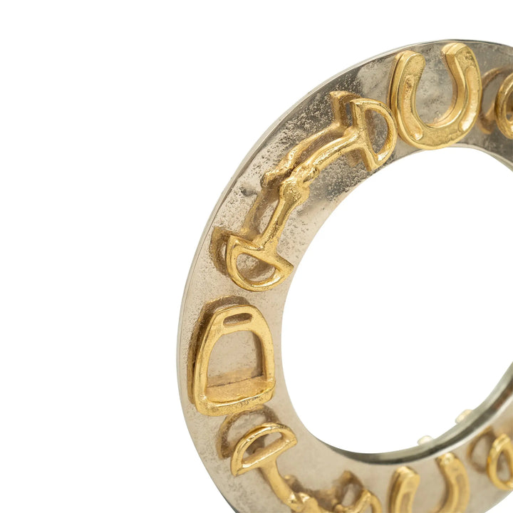 Huntley Equestrian Decorative Round Mirror with Horse shoes, Stirrups, and Bits, Gold Huntley Equestrian