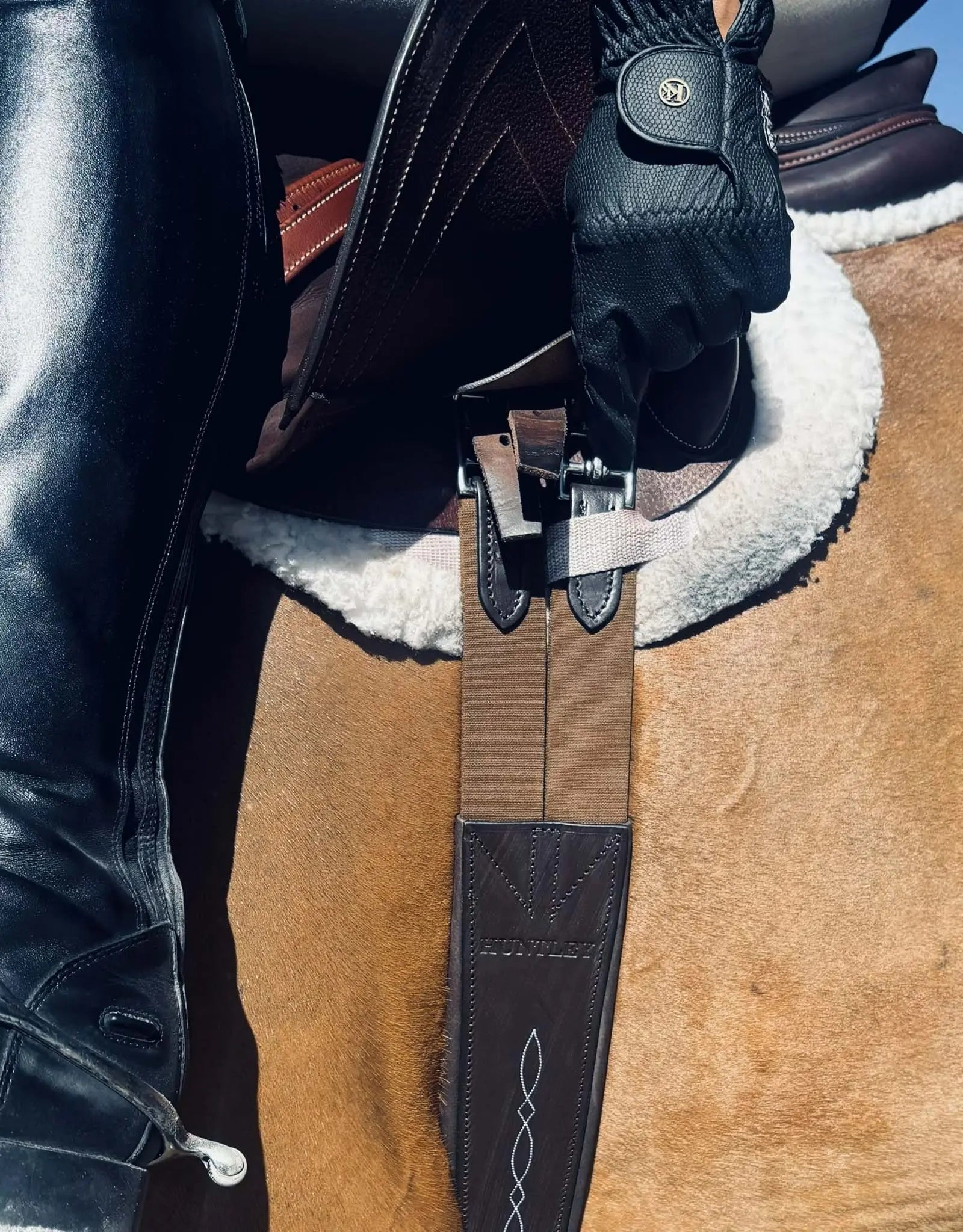 Huntley Equestrian Sedgwick Leather Fancy Stitched Padded Leather Contour Shaped Girth with Double End Elastic Huntley Equestrian