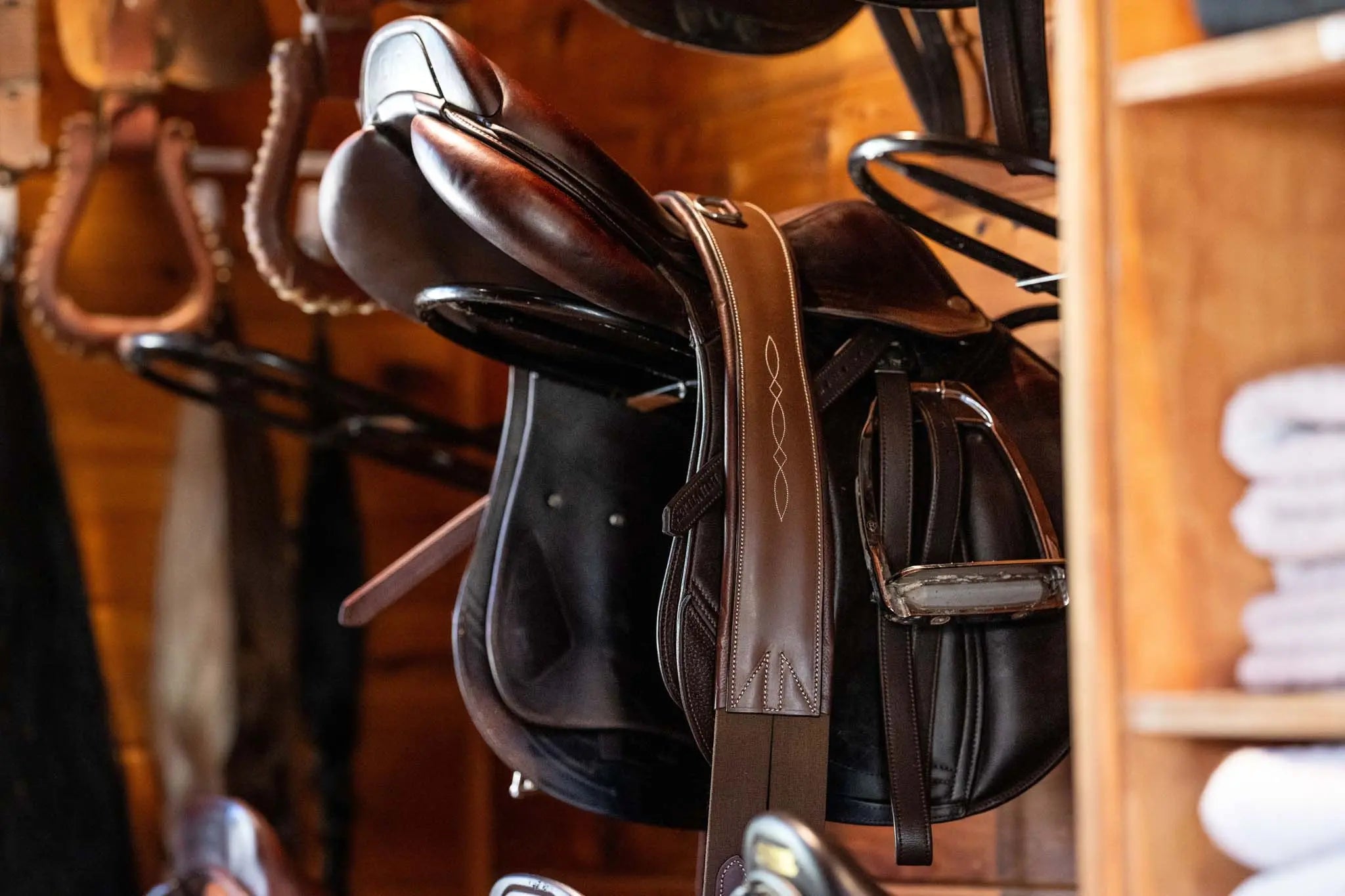 Huntley Equestrian Sedgwick Leather Fancy Stitched Padded Leather Contour Shaped Girth with Double End Elastic Huntley Equestrian