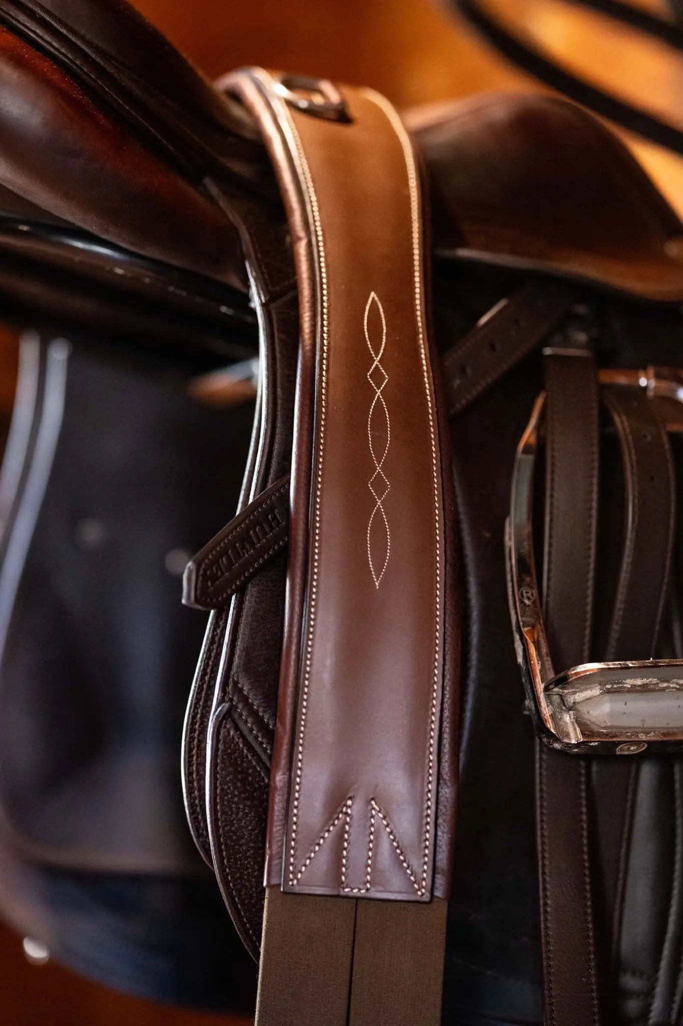 Huntley Equestrian Sedgwick Leather Fancy Stitched Padded Leather Contour Shaped Girth with Double End Elastic Huntley Equestrian