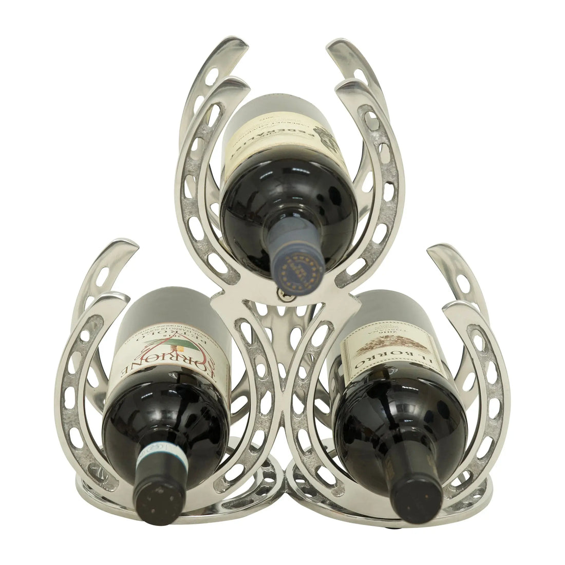 Huntley Horse Shoe 3 Bottle Wine Rack, Aluminum Silver Finish Huntley Equestrian