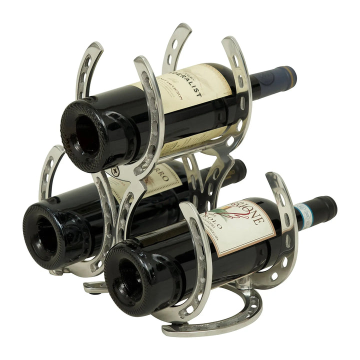 Huntley Horse Shoe 3 Bottle Wine Rack, Aluminum Silver Finish Huntley Equestrian