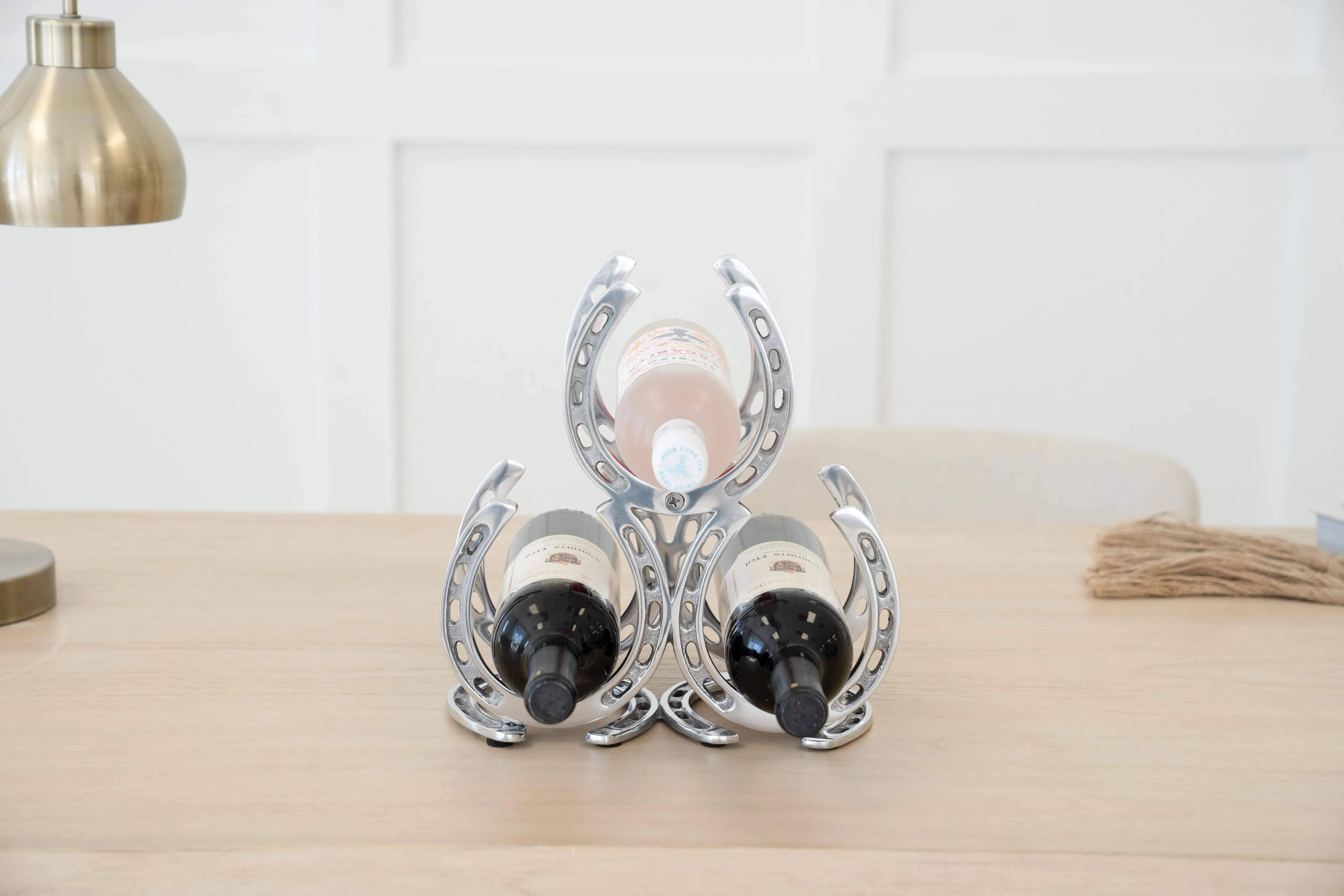 Huntley Horseshoe 3-Bottle Wine Rack, Aluminum Silver Finish Huntley Equestrian