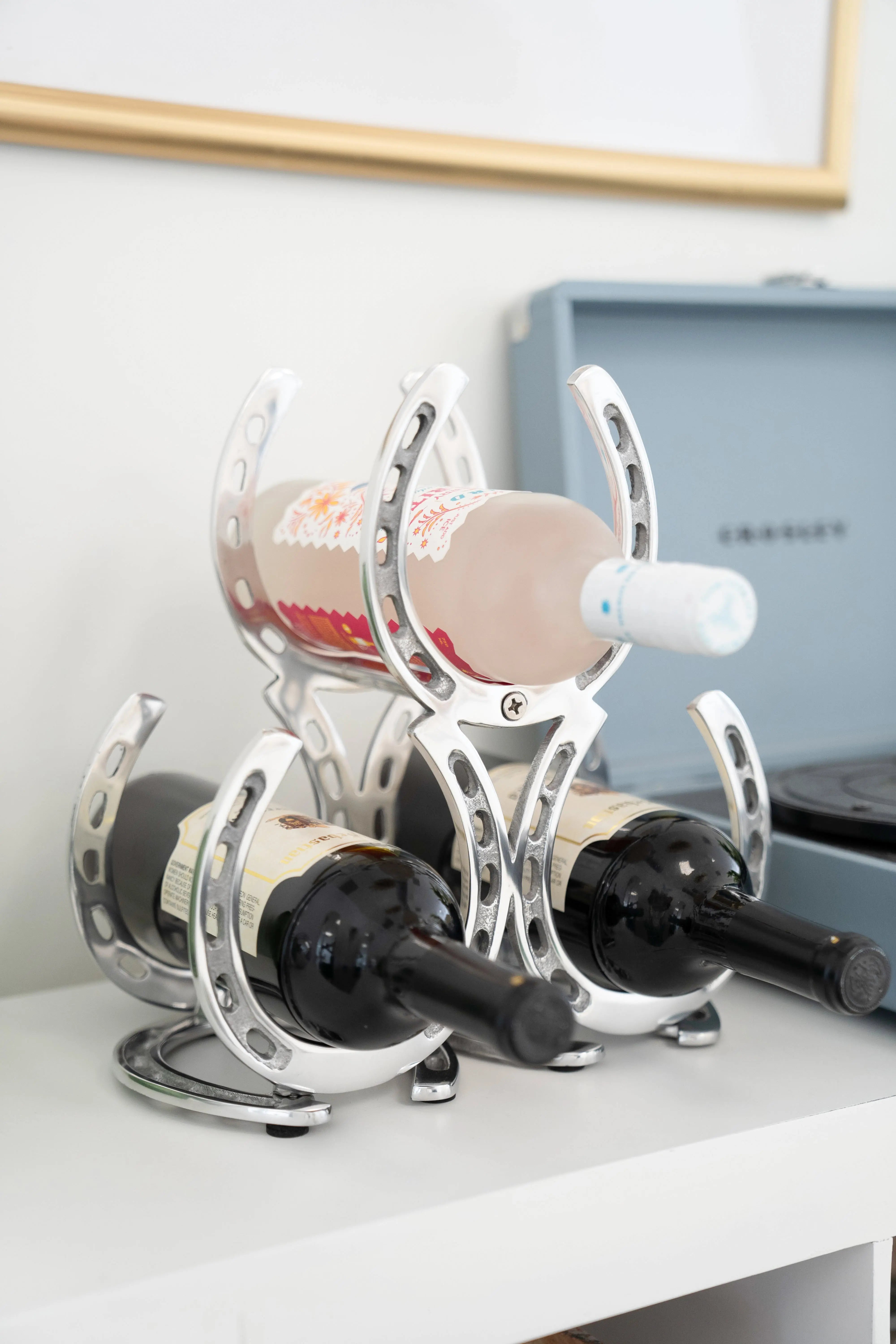 Huntley Horseshoe 3-Bottle Wine Rack, Aluminum Silver Finish Huntley Equestrian