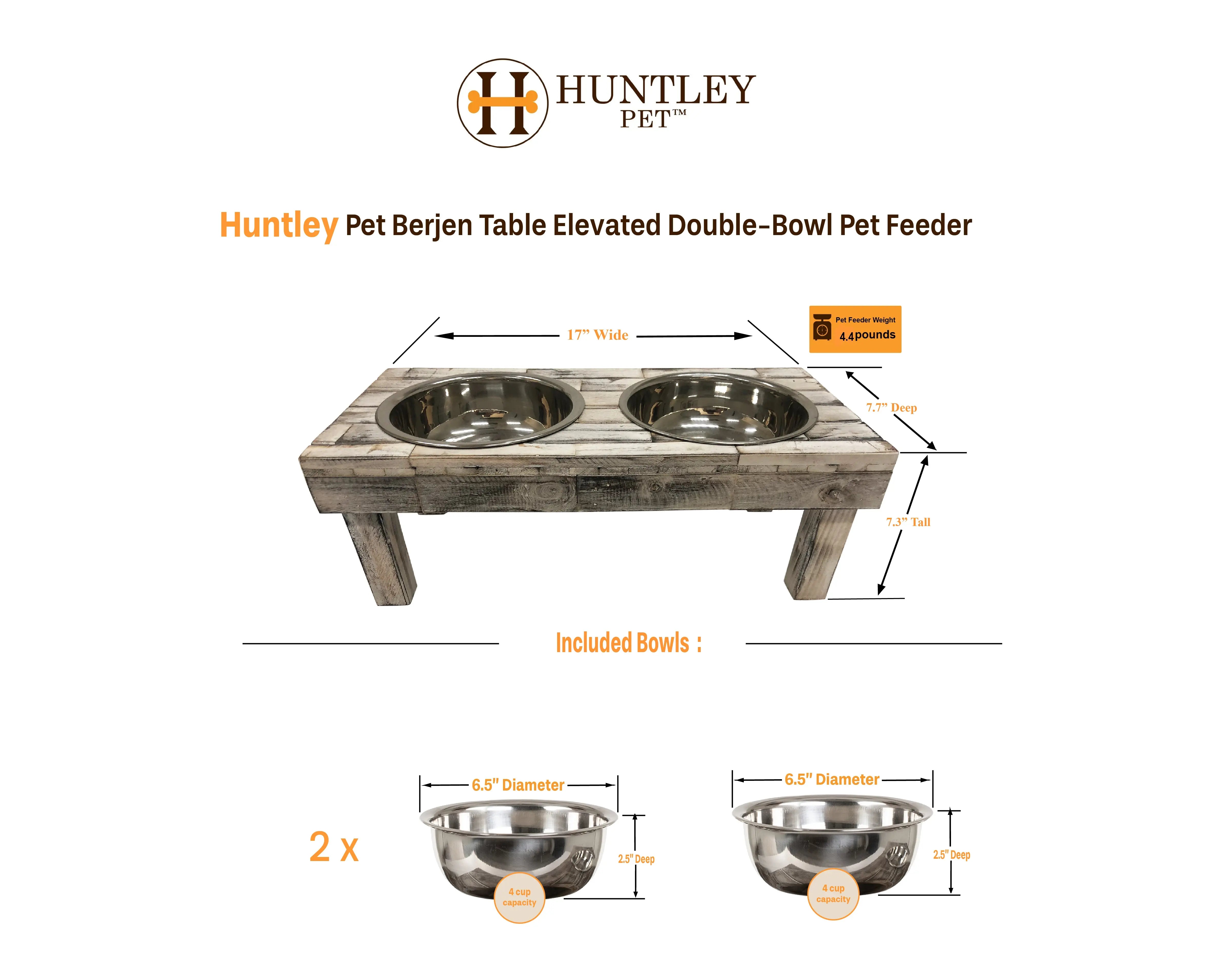 Huntley Pet Berjen Table Elevated Double Bowl Pet Feeder, Brown Wash - Huntley Equestrian