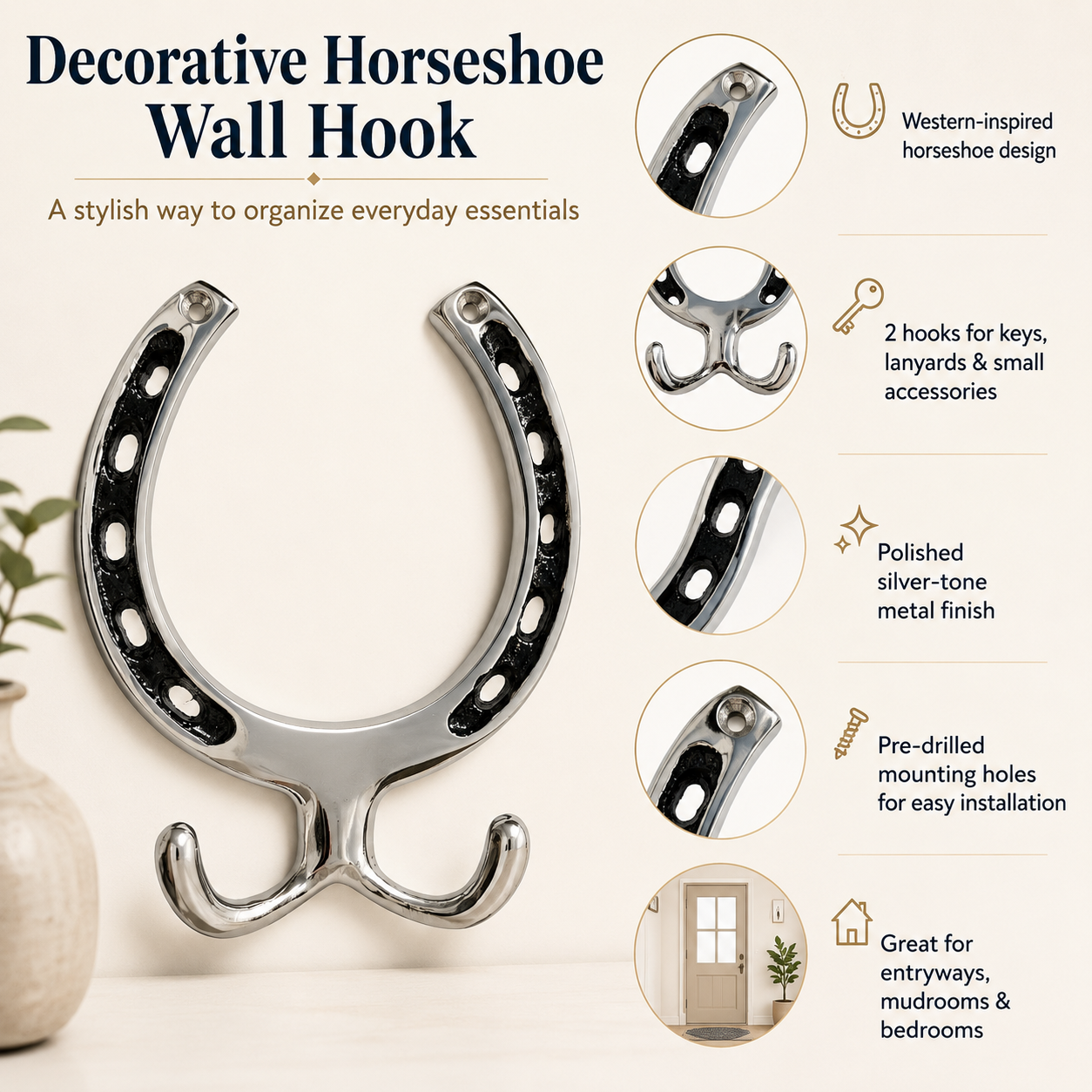 Huntley Equestrian Silver Horseshoe Wall Hook Rack-2 Hook Equestrian Home and Barn Decor