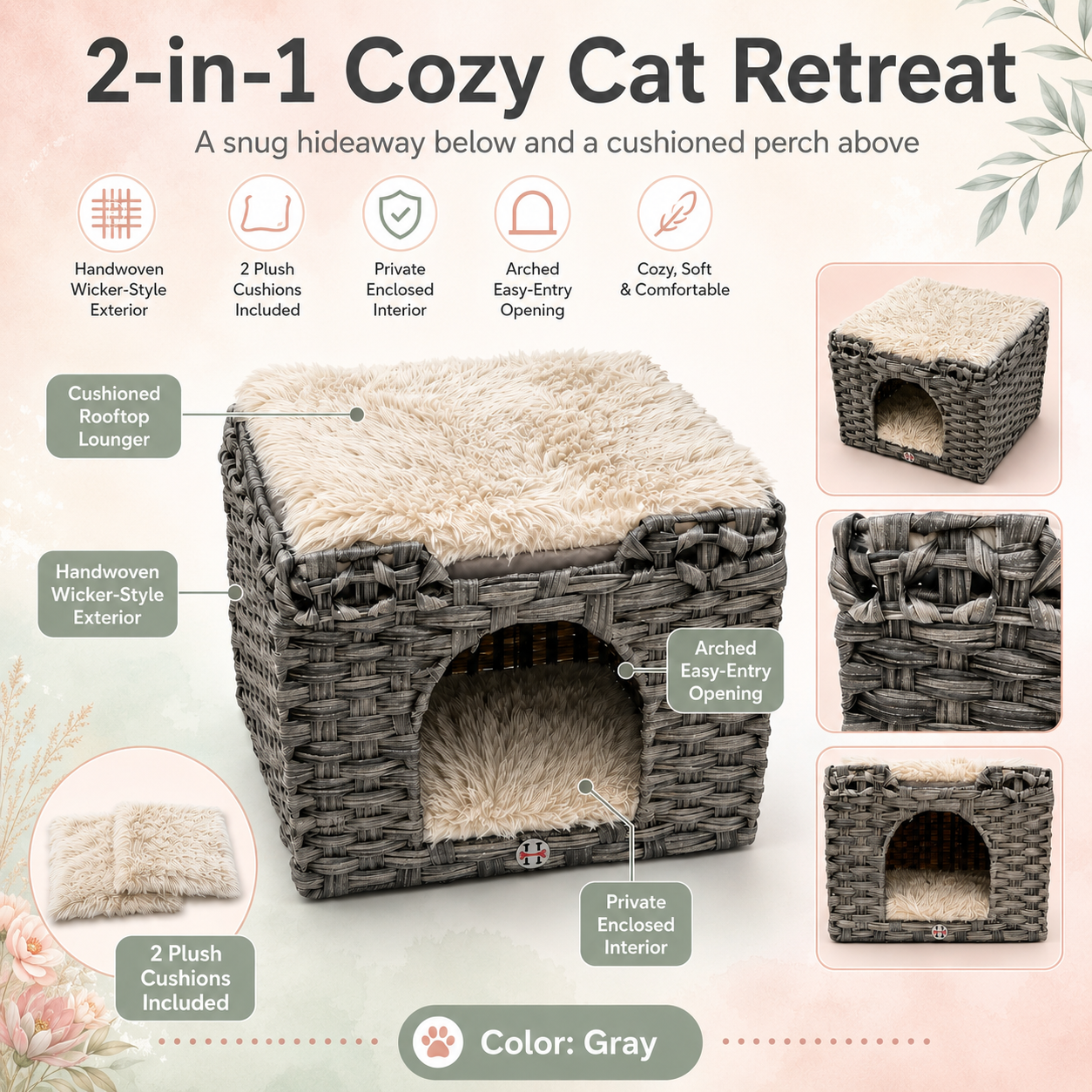 Huntley Pet Cat House, 2 Cushion Bed, Gray