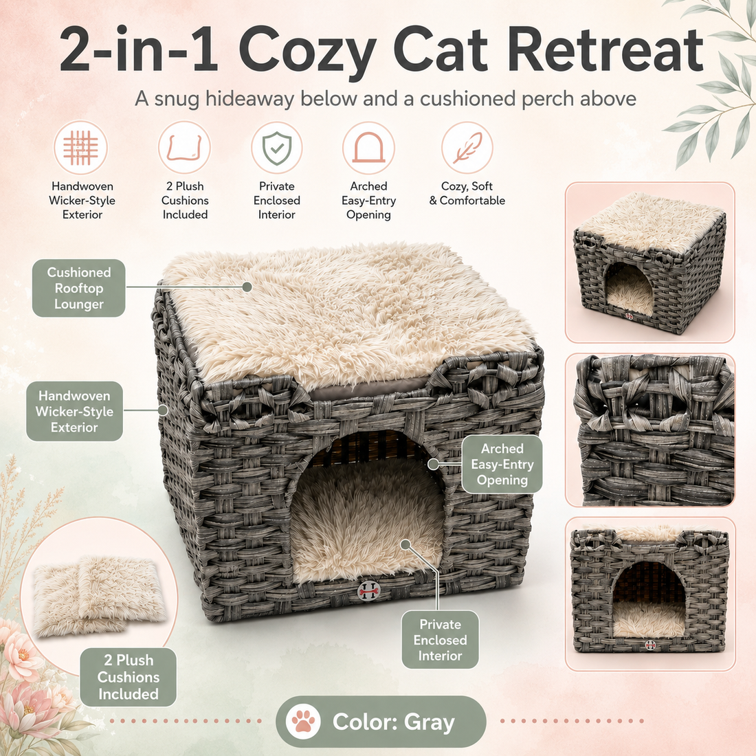 Huntley Pet Cat House, 2 Cushion Bed, Gray
