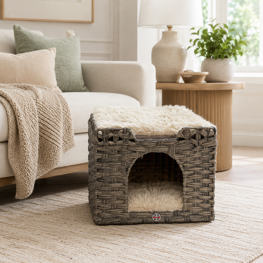 Huntley Pet Cat House, 2 Cushion Bed, Gray