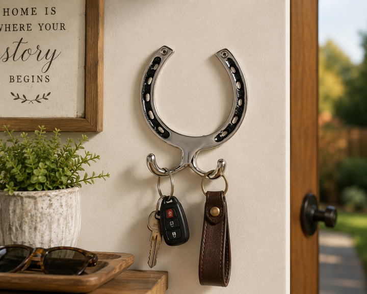 Huntley Equestrian Silver Horseshoe Wall Hook Rack-2 Hook Equestrian Home and Barn Decor