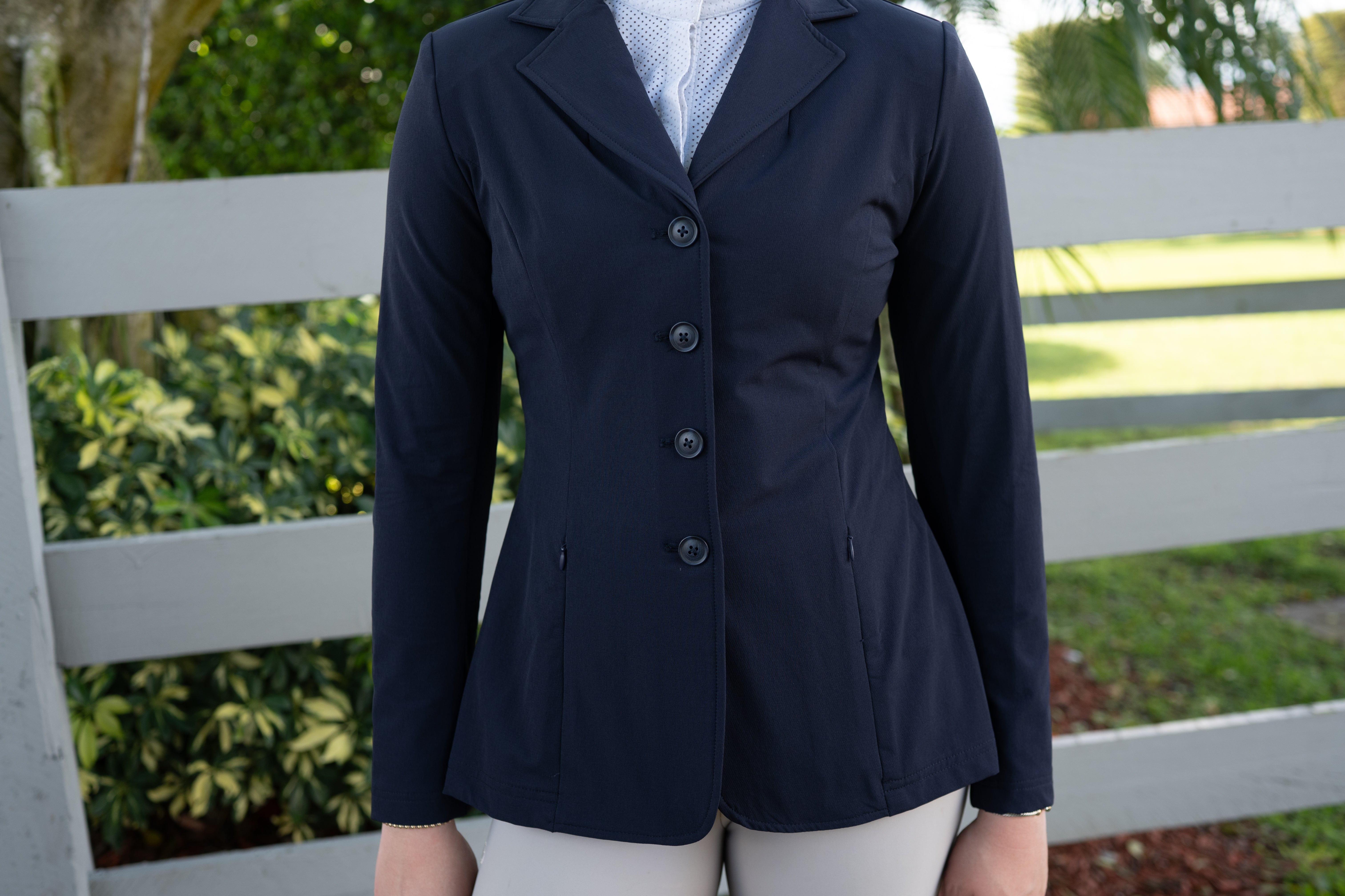Grand Prix Ladies Quinn Show Coat, 4 Button with Hidden Zipper Closure, Navy