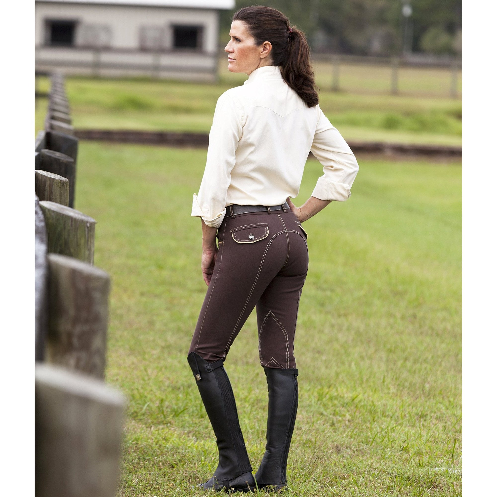 Huntley Equestrian Brown Horse Riding Pants With Tan Welt Pockets